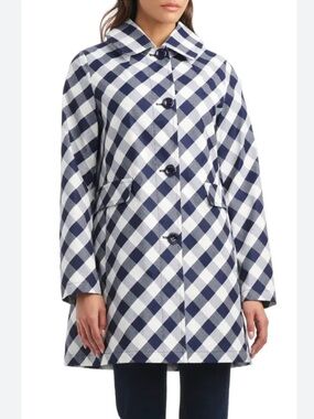 Kate Spade New York Blue White Gingham Hooded Raincoat Jacket Size XL NWT